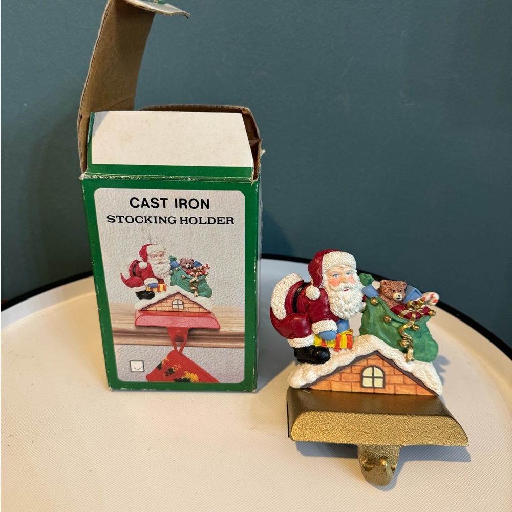 Vintage Santa on the Roof Cast Iron metal Christmas Stocking Holder Original Box
